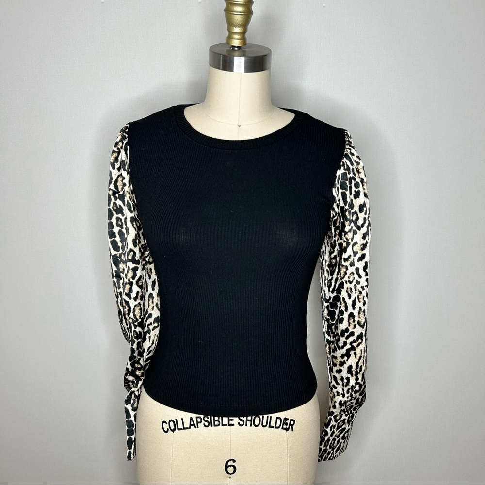 Zara Knit Leopard Balloon Sleeve Top Blouse